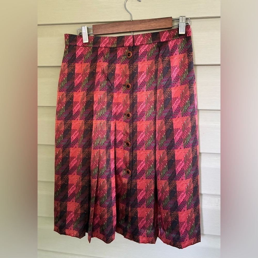 CARLISE vintage 100% silk skirt pleated pink houndstooth button front sz 12 MINT